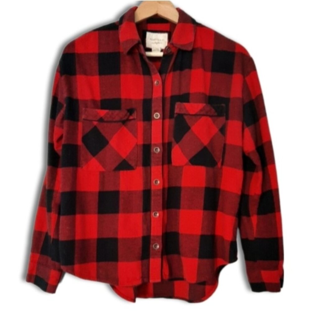 FOREVER 21 Classic Flannel Buffalo Check Plaid Button Down Shirt Red Black Sz S